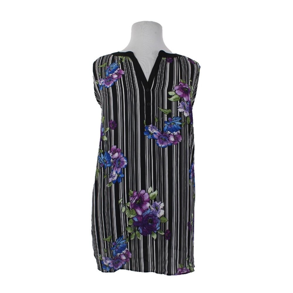 Avenue Top $55 Sz 26/28 4X Black Multi Color Striped Floral 100% Poly Top